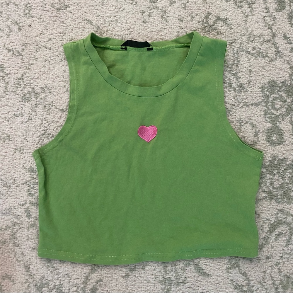 Green and pink heart crop tank